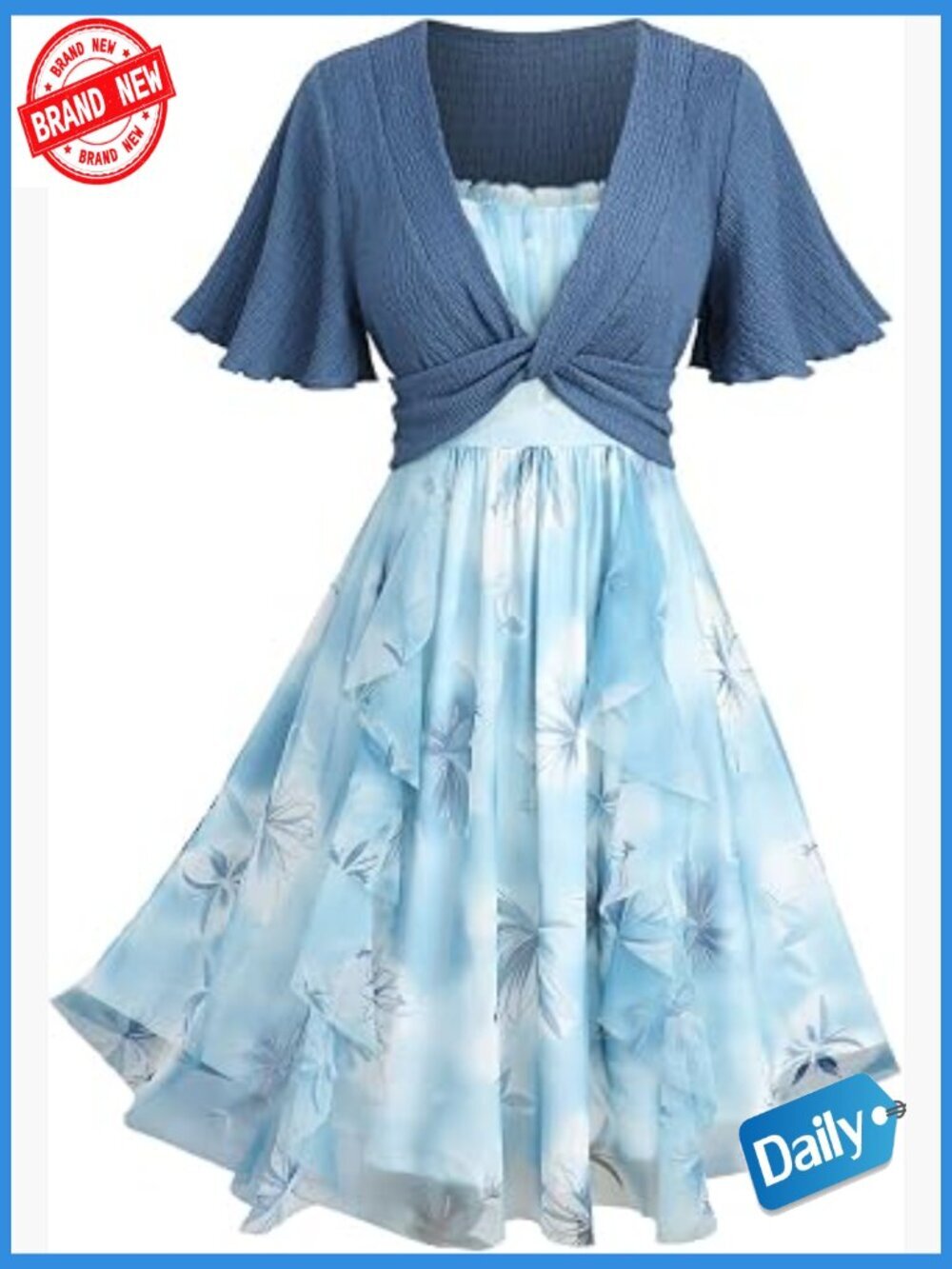 Plus Size Flutter Sleeve Floral A-Line Sundress with Square Neck